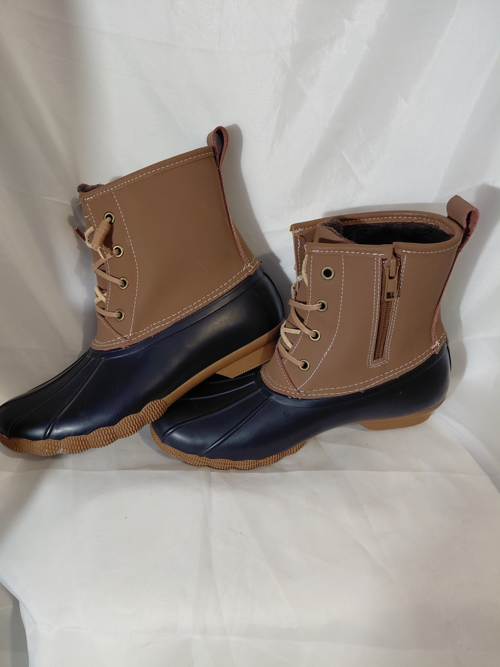 Serra Brown and Navy Lace-Up Waterproof Duck Boots with Side Zip